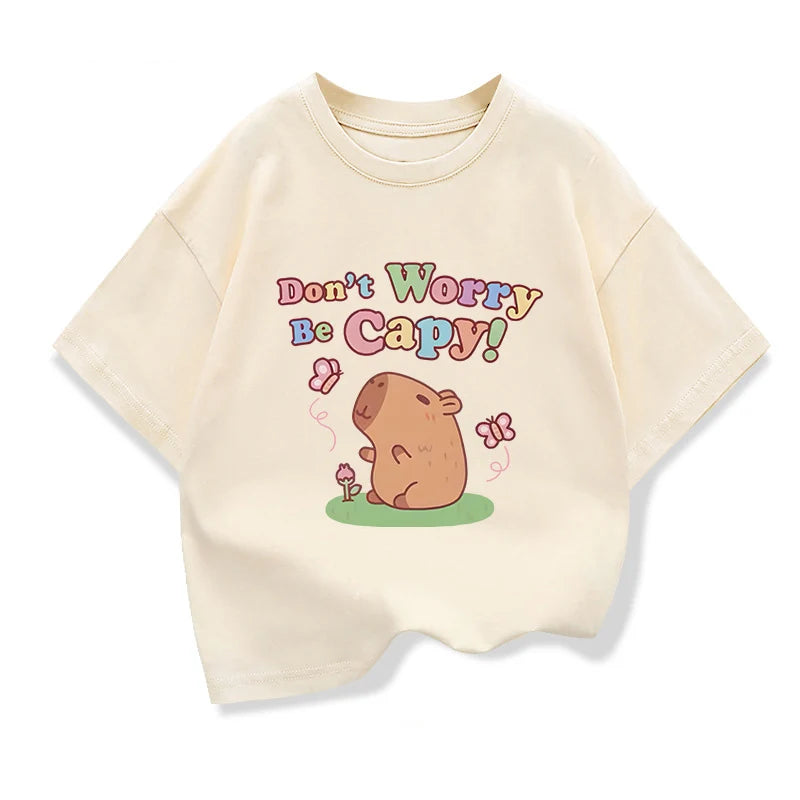 Cute Capibara Printed Cartoon T Shirt For Kids 2025 New Children's Summer Clothes Loose Short Sleeve T-shirts Kids Cotton Tee