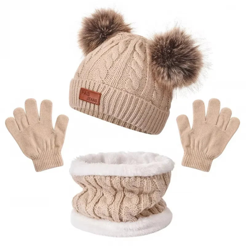 3pcs 2025 New Winter Toddler Kids Warm Knitted Pompom Hat Winter Solid Cap Scarf Glove Child Winter Warm Set Gifts For Kids
