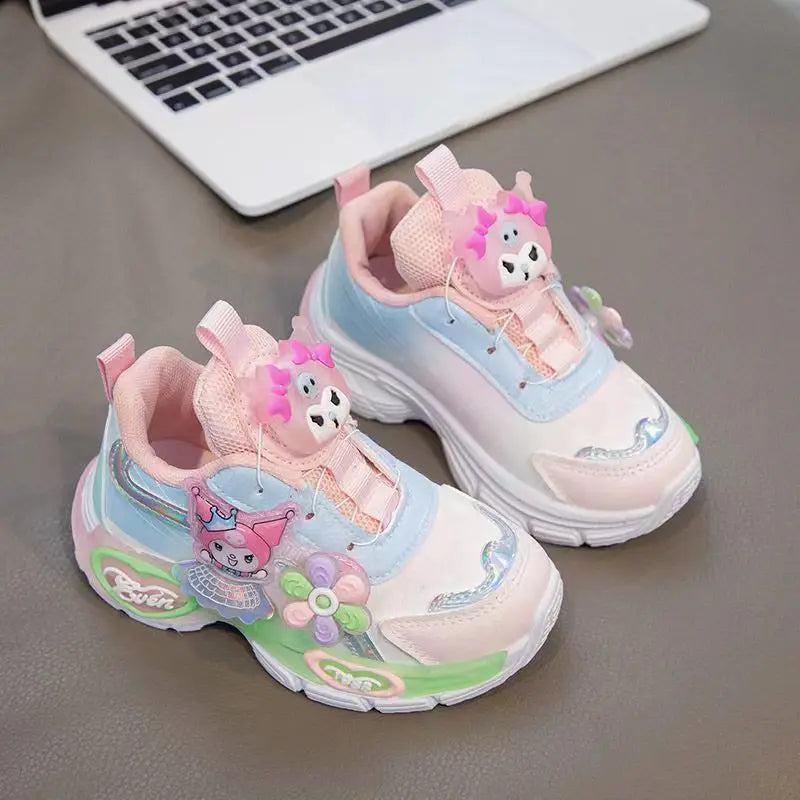 Kuromi LED Shoes Sanrio Kids Luminous Shoes Kawaii Kuromi Tennis Shoes Girls Casual Sneakers Lighted Rotating Button Shoes