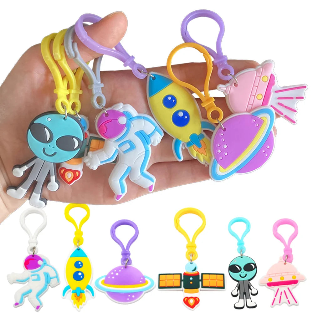 12Pcs Outer Space Galaxy Theme Keychain Rocket Alien Planet Design Kids Classroom Prizes Birthday Party Decoration Supplies Gift