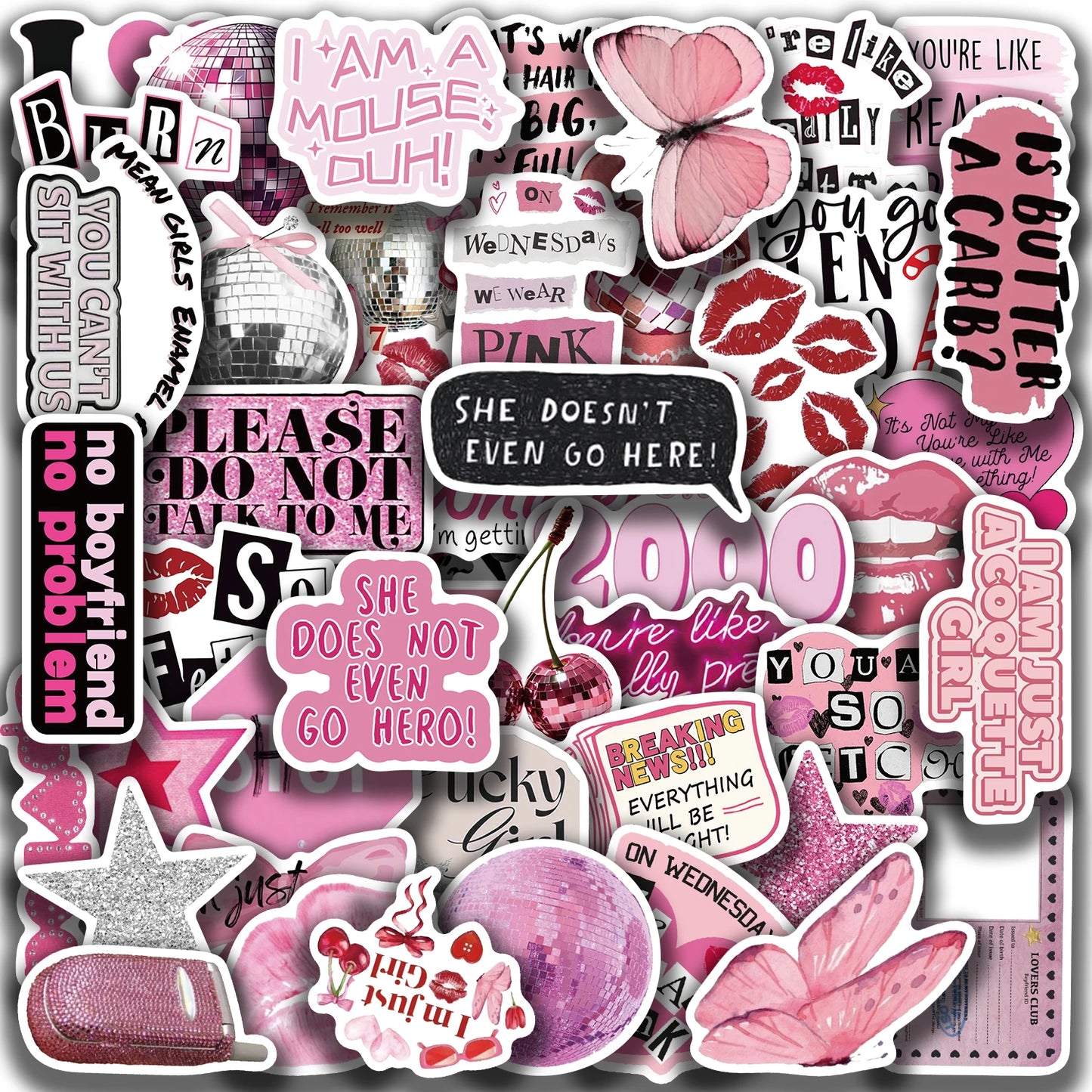 50pcs Ins Style Pink Ink Fresh Graffiti Stickers Suitable for Luggage Phone Cases Laptops Waterproof Cartoon Graffiti Stickers