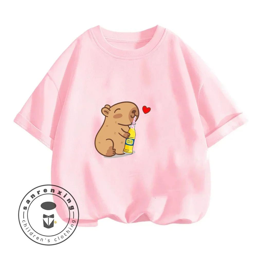 Sanrio Kids Summer T-shirt Cute Capybara Print Cotton Short Sleeve/Shorts Fashion Set for Boys and Girls