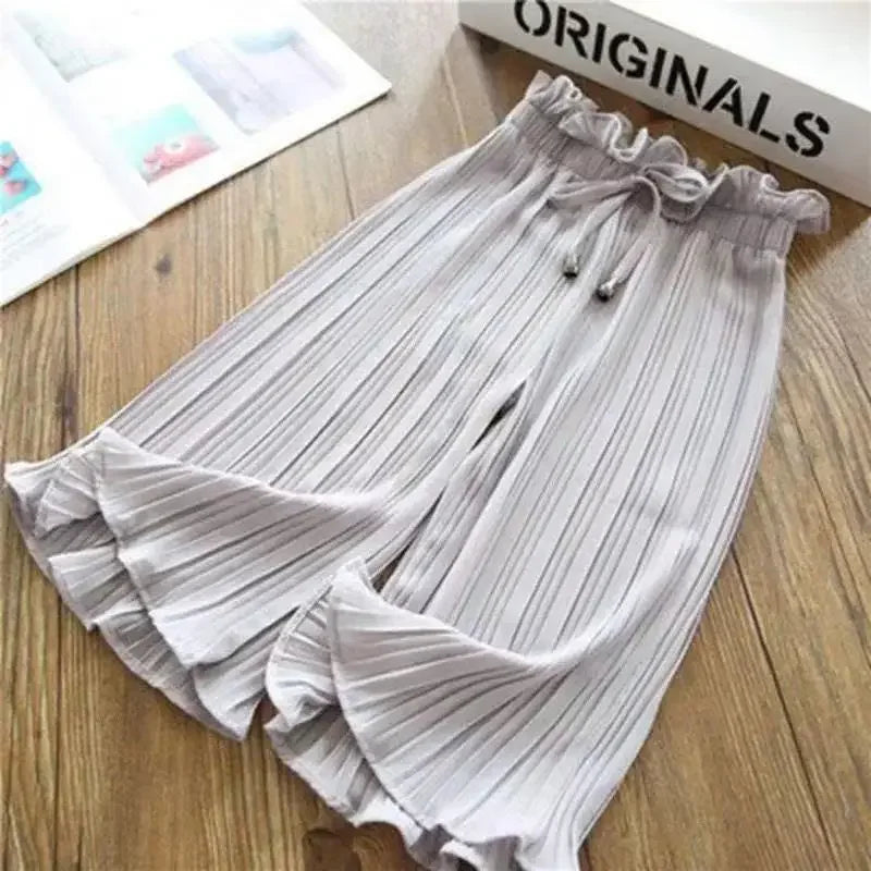 Childen's Girls Summer Ice Silk Wide Leg Pants Baby Fashion Lace Chiffon Waist Flare Trousers Kids Girl Loose Buttom Clothes
