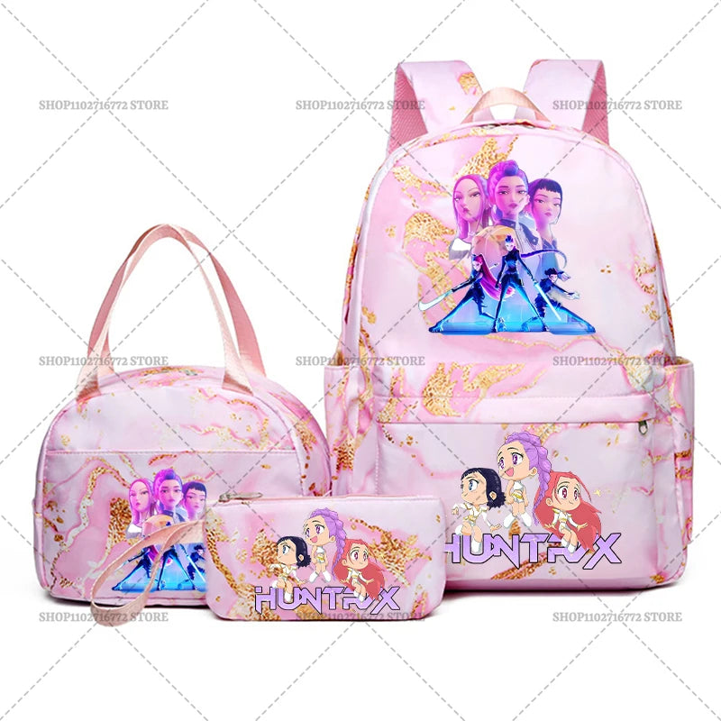 3pcs Movie Kpop Demon Hunters Backpack Lunch Bag Pencil Case Set Student Anime Fashion Schoolbag Pen Case Bento Pouch Suit Gifts