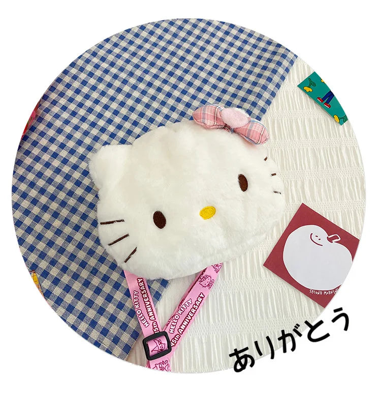 Miniso Cute Cartoon Hello Kitty Bow Crossbody Bag For Women Kawaii Fashion Plush White Kt Cat Shoulder Bag For Girls Kids Gifts