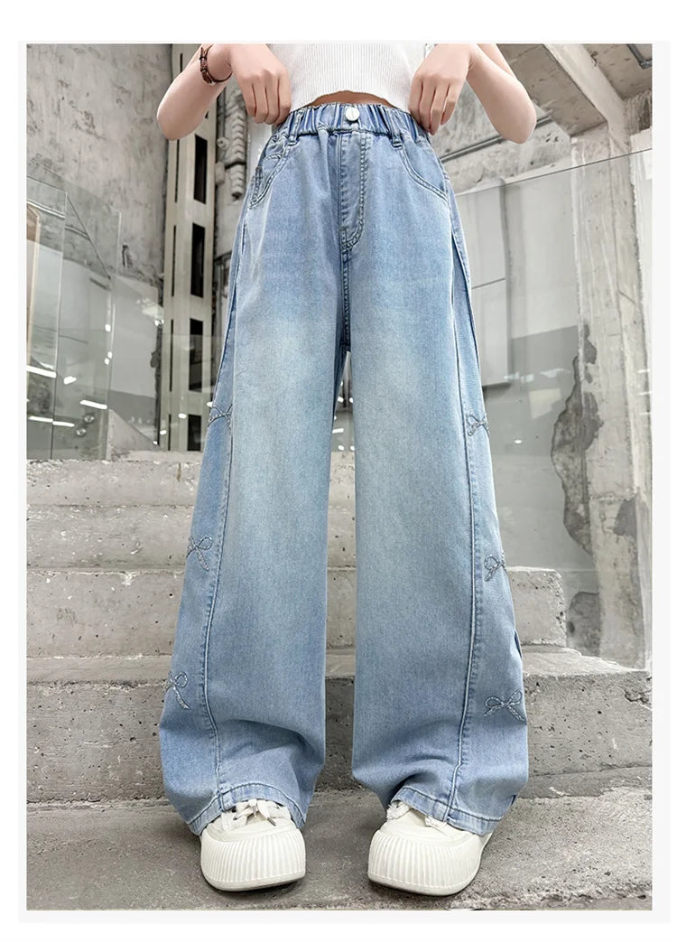 Jeans for Girls Fashion Clothes for Teenagers Solid Loose Kids Wide Leg Pants with Butterfly Children Denim Trousers Age 5-14T