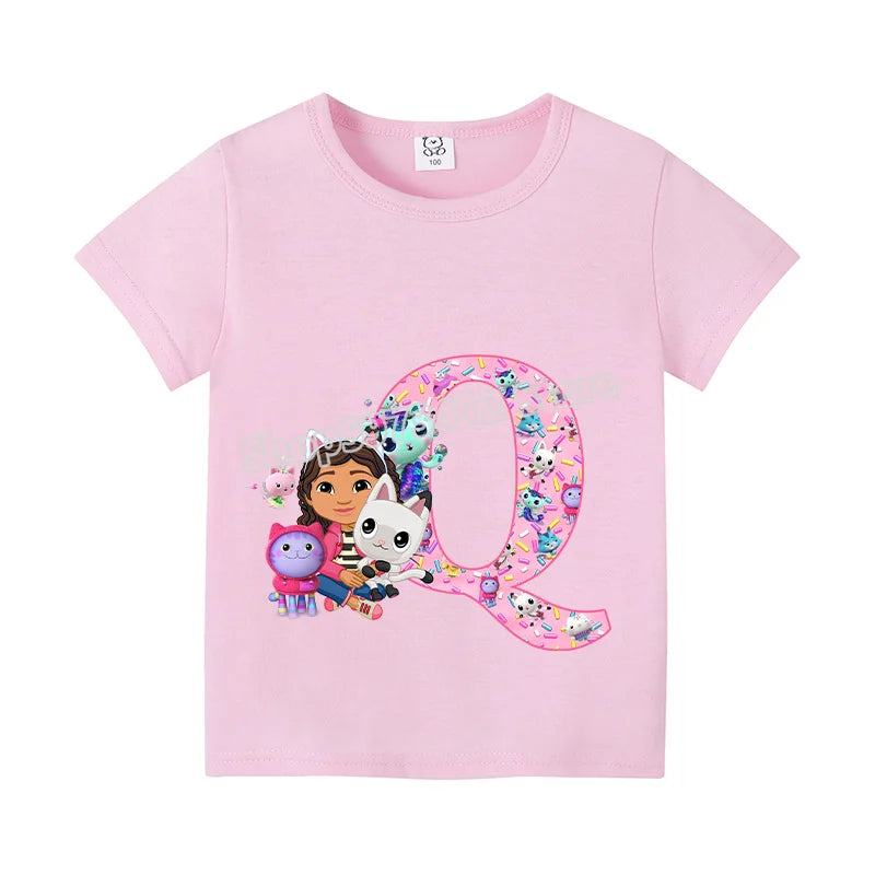 New Gabby Dollhouse T-shirt for Child A-Z Letters Tee Fashion Tops Cute Cartoon Girl Clothes Anime Kids Summer Short Sleeve Gift