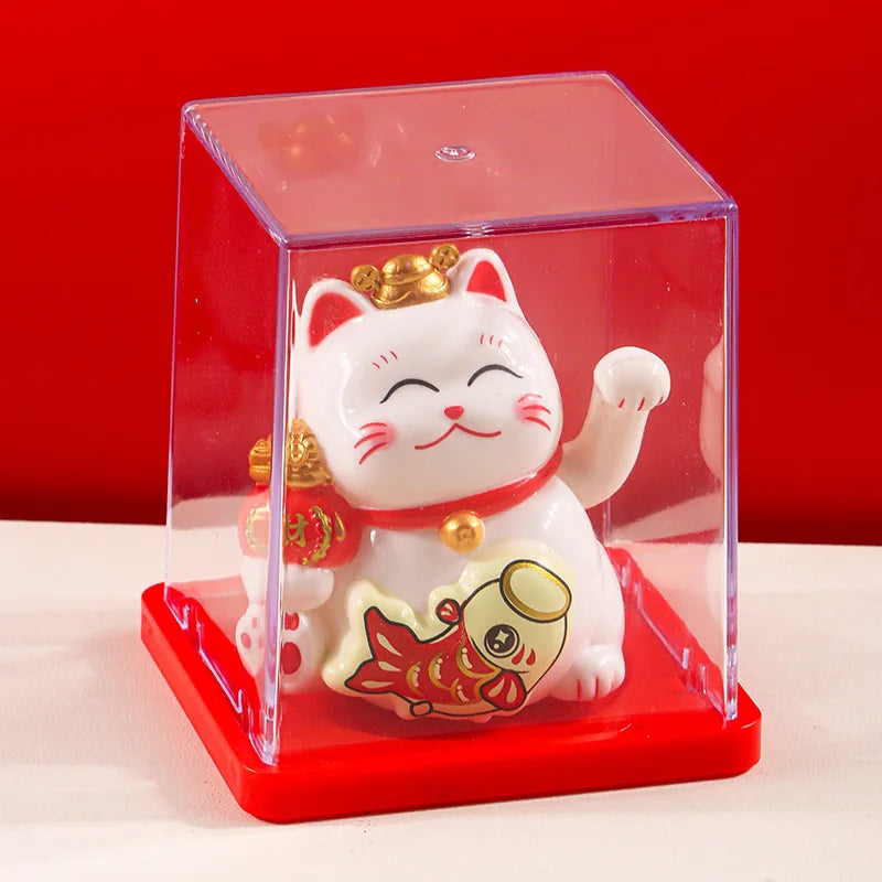 Solar Powered Maneki Neko Lucky Cat Welcoming Chinese Lucky Cat Waving Hand Beckoning Fortune Cat Figurines For Home Decor