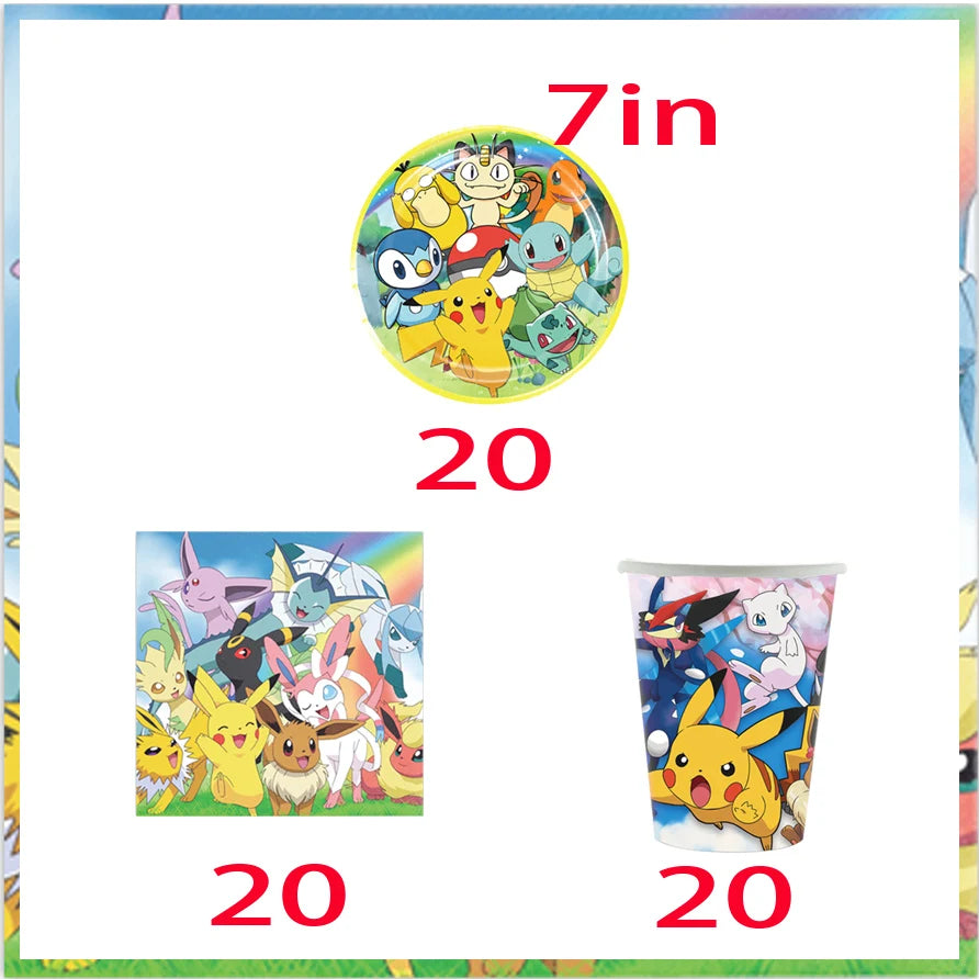 Pokemon Party Theme Disposable Tableware Banner Decor Pikachu Cup Plate Napkin Tablecloth Kids Toy Baby Shower Party Supplies ﻿