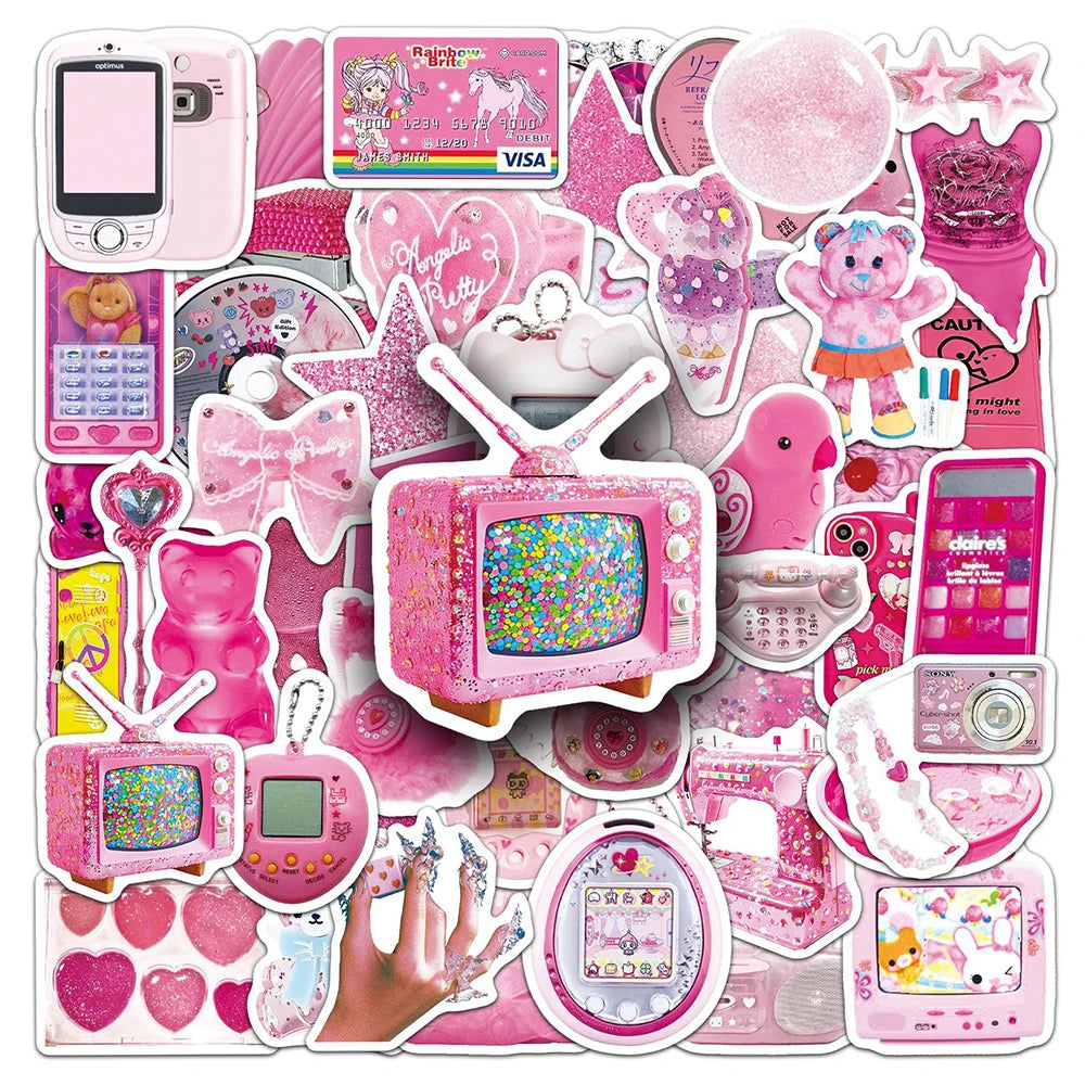10/30/50pcs Cool Pink Y2K Kawaii Girls Stickers Aesthetic Cartoon Decoration Decals DIY Laptop Phone Graffiti Kids Sticker Toys