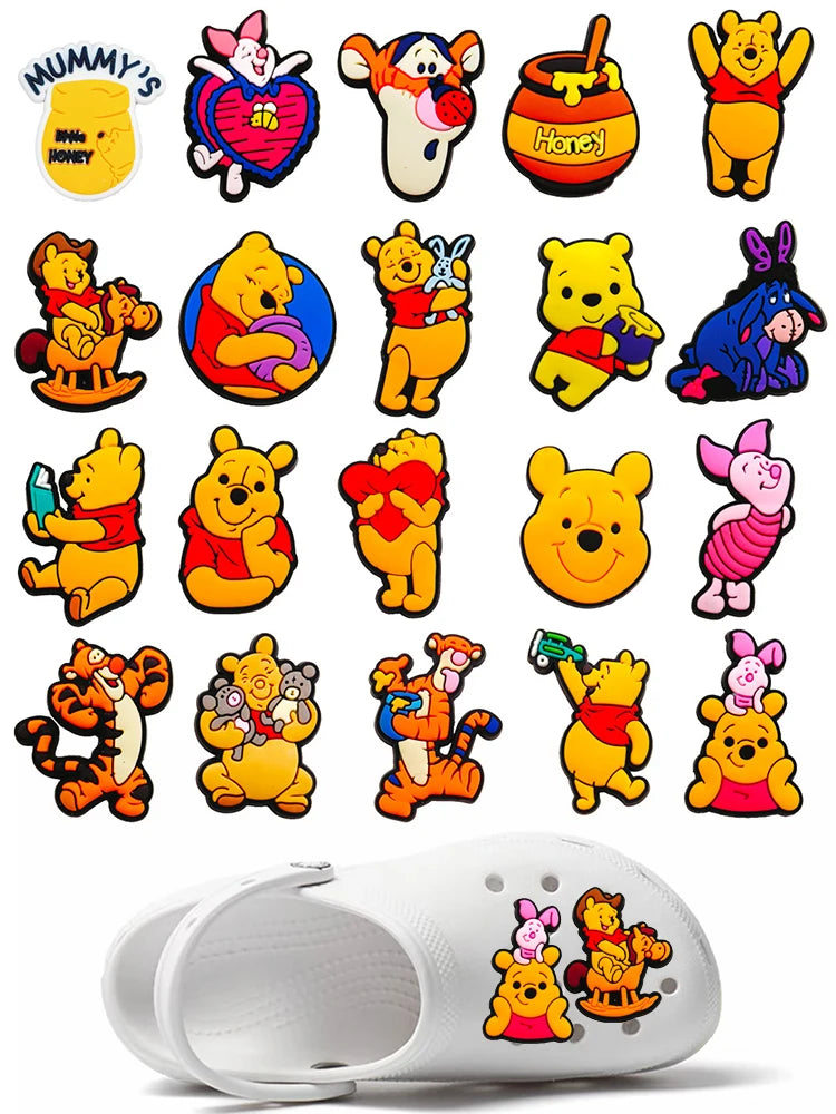 20pcs Hot Toys Disney Cartoon Winnie Pooh Shoe Charms for Shoes Decoration Accessories Classic Clog Sandal Buckle Kids Gifts