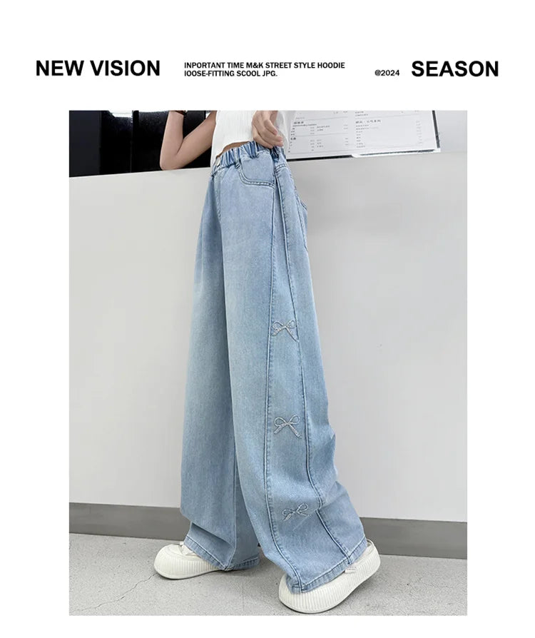 Jeans for Girls Fashion Clothes for Teenagers Solid Loose Kids Wide Leg Pants with Butterfly Children Denim Trousers Age 5-14T
