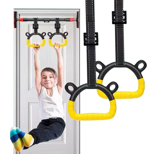 Kids Horizontal Bar with Gymnastic Rings Adjustable Hanging Straps for Indoor Pull-Up Hammock Play Children Fitness Strength Tra