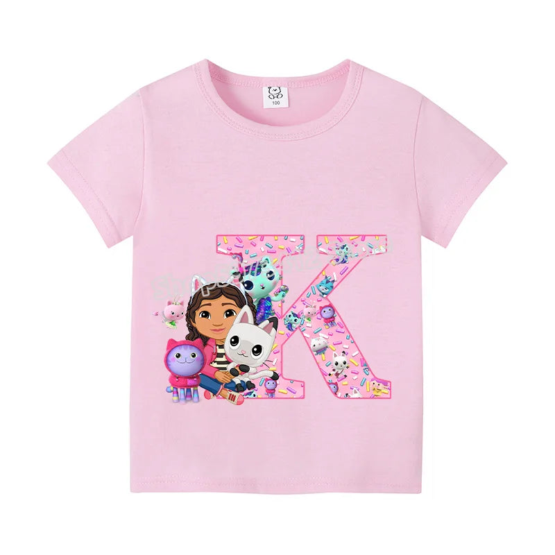 New Gabby Dollhouse T-shirt for Child A-Z Letters Tee Fashion Tops Cute Cartoon Girl Clothes Anime Kids Summer Short Sleeve Gift