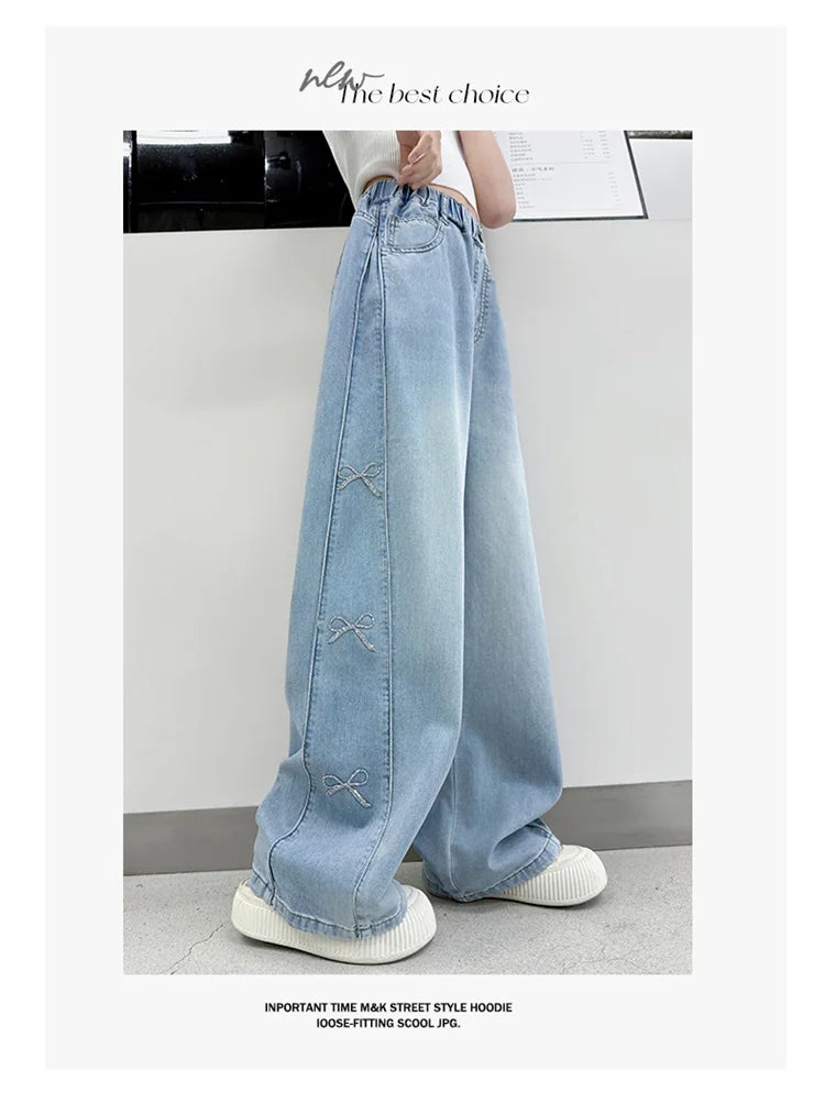 Jeans for Girls Fashion Clothes for Teenagers Solid Loose Kids Wide Leg Pants with Butterfly Children Denim Trousers Age 5-14T