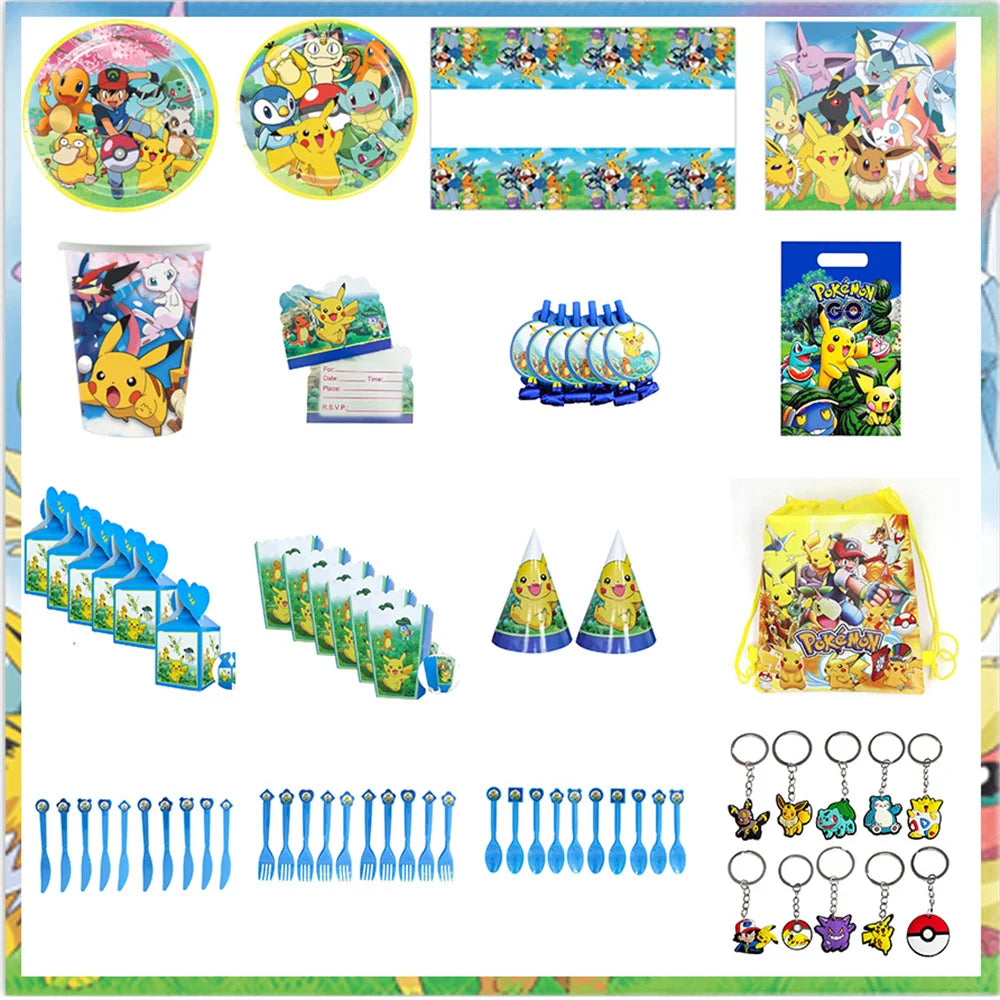 Pokemon Party Theme Disposable Tableware Banner Decor Pikachu Cup Plate Napkin Tablecloth Kids Toy Baby Shower Party Supplies ﻿