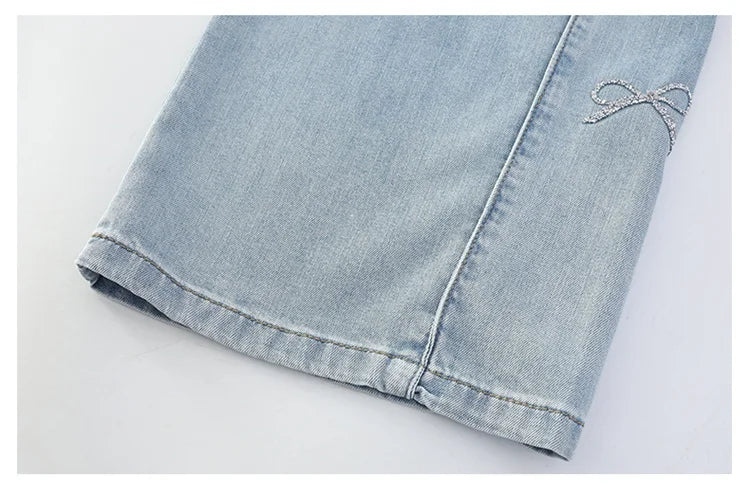 Jeans for Girls Fashion Clothes for Teenagers Solid Loose Kids Wide Leg Pants with Butterfly Children Denim Trousers Age 5-14T