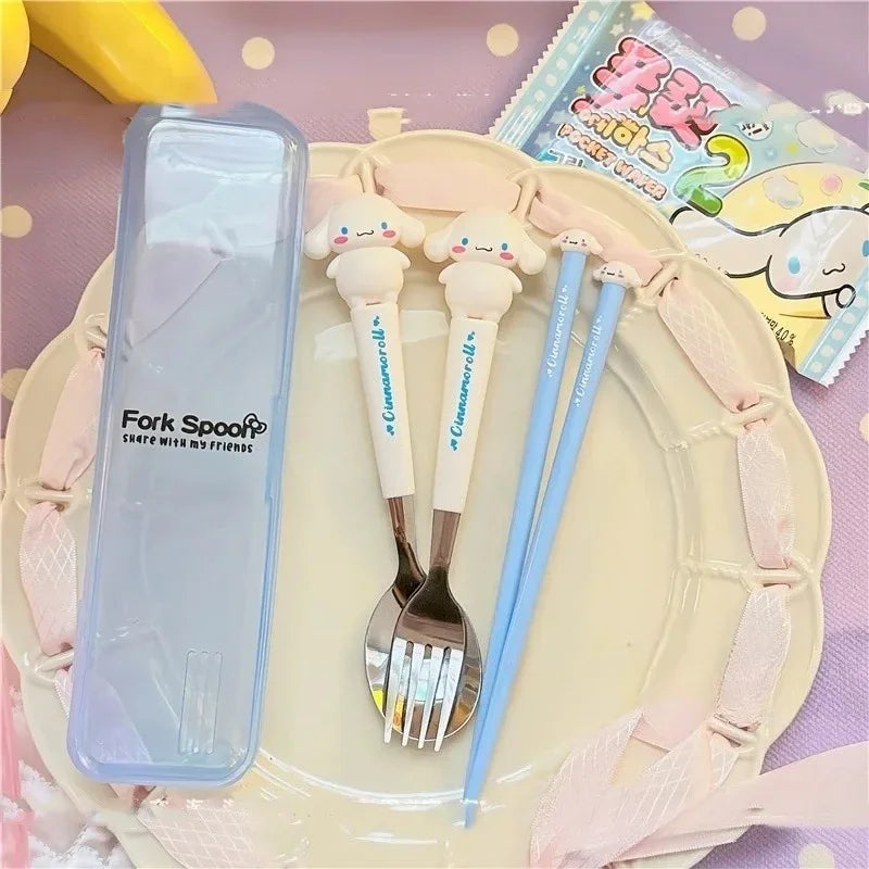 Sanrio Kuromi Hello Kitty Melody Kids Chopsticks Spoon Fork Set Cinnamoroll Stainless Steel Cutlery Set Students Gifts Tableware