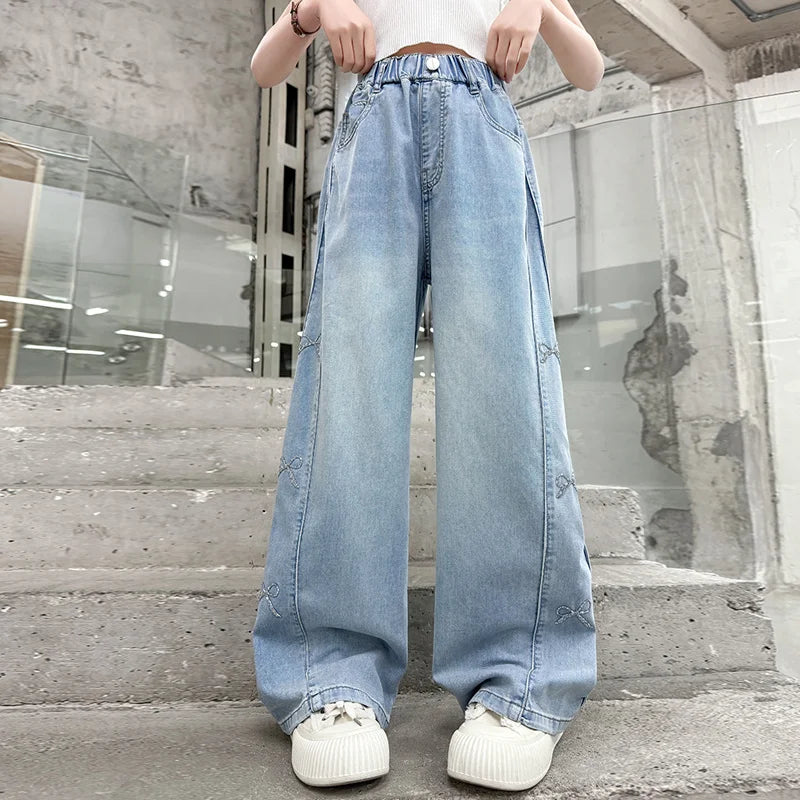Jeans for Girls Fashion Clothes for Teenagers Solid Loose Kids Wide Leg Pants with Butterfly Children Denim Trousers Age 5-14T