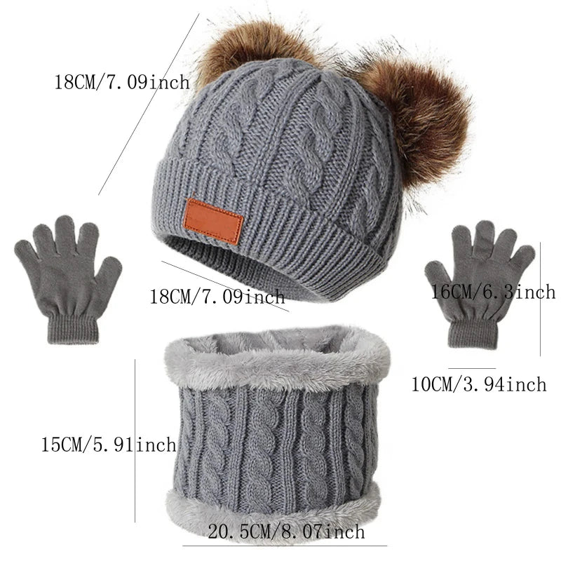 3pcs 2025 New Winter Toddler Kids Warm Knitted Pompom Hat Winter Solid Cap Scarf Glove Child Winter Warm Set Gifts For Kids