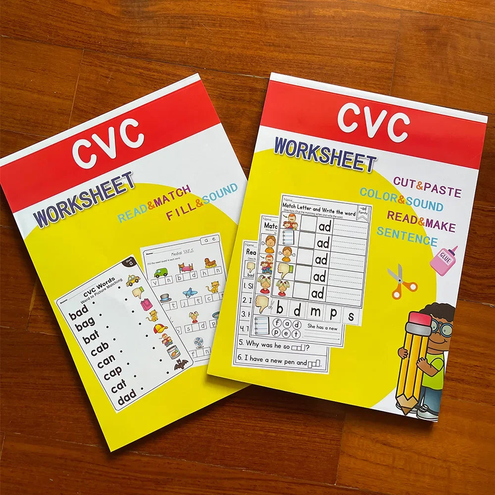 2books English CVC Words Phonics Workbook Language Arts Skills book for Kids children read & match & sound & sentence Worksheet