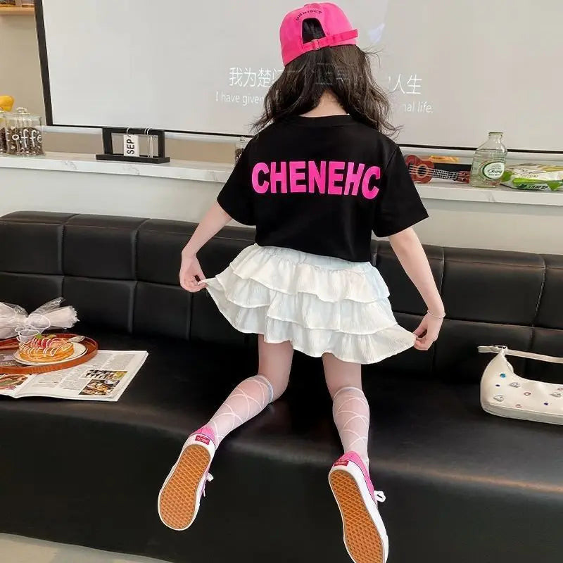 2025 teenager Summer Kids Girls clothes short Sleeve cotton crop top bow t-Shirt top and Tiered Pleated Skirt 5 6 7 8 9 12 year