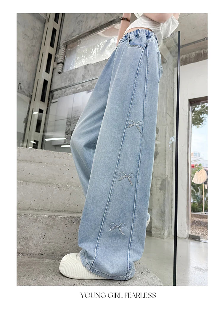 Jeans for Girls Fashion Clothes for Teenagers Solid Loose Kids Wide Leg Pants with Butterfly Children Denim Trousers Age 5-14T