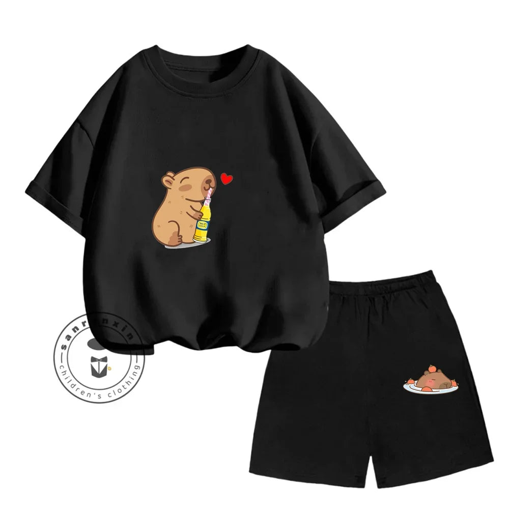 Sanrio Kids Summer T-shirt Cute Capybara Print Cotton Short Sleeve/Shorts Fashion Set for Boys and Girls