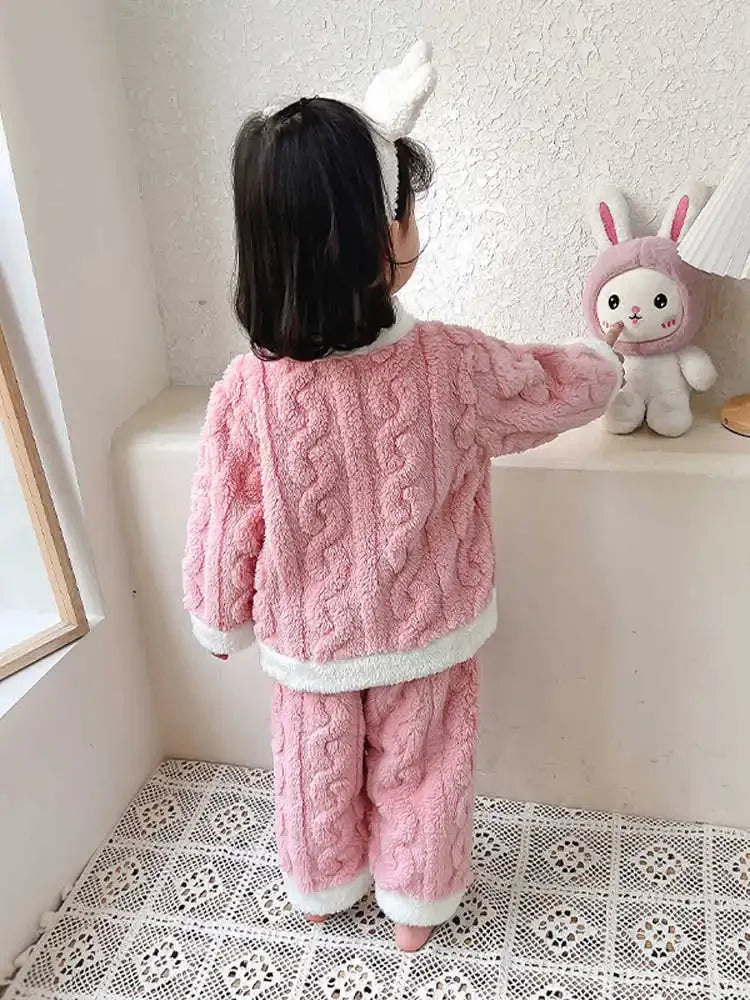 Autumn Winter Children Sleepwear Baby Pajamas Set Thick Flannel Fleece Child Sleepwear 2Pcs Sets Warm Home Suits Kids Clothes