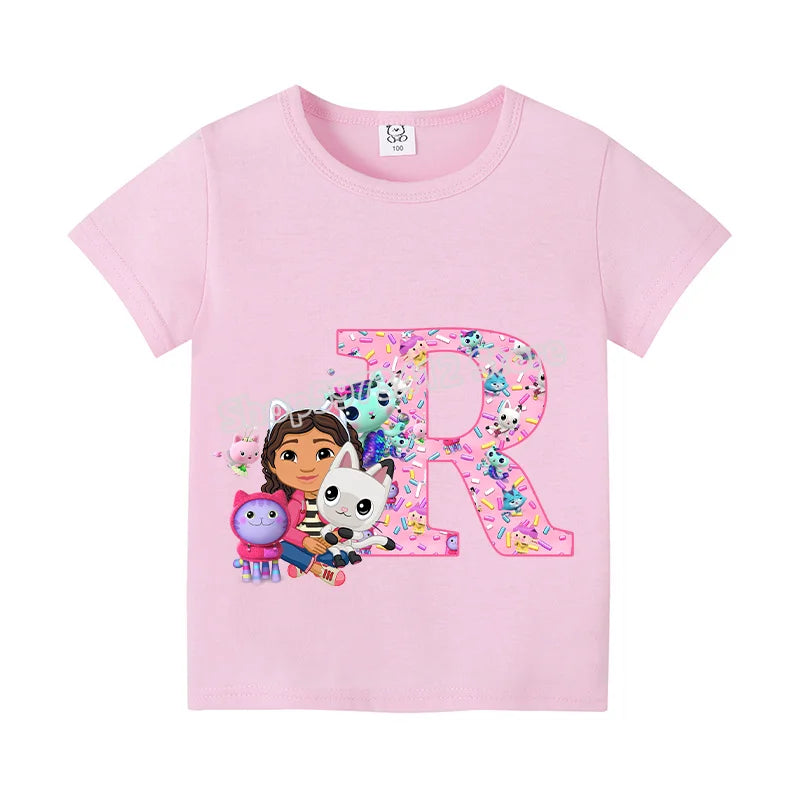 New Gabby Dollhouse T-shirt for Child A-Z Letters Tee Fashion Tops Cute Cartoon Girl Clothes Anime Kids Summer Short Sleeve Gift