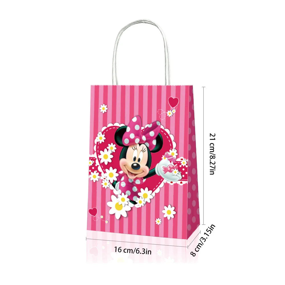12pcs Pink Minnie Mouse Birthday Party Decorations Handle Gift Bags Sets Paper Candy Pocket Baby Shower Kids Girl Party Supplies