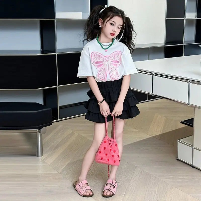 2025 teenager Summer Kids Girls clothes short Sleeve cotton crop top bow t-Shirt top and Tiered Pleated Skirt 5 6 7 8 9 12 year