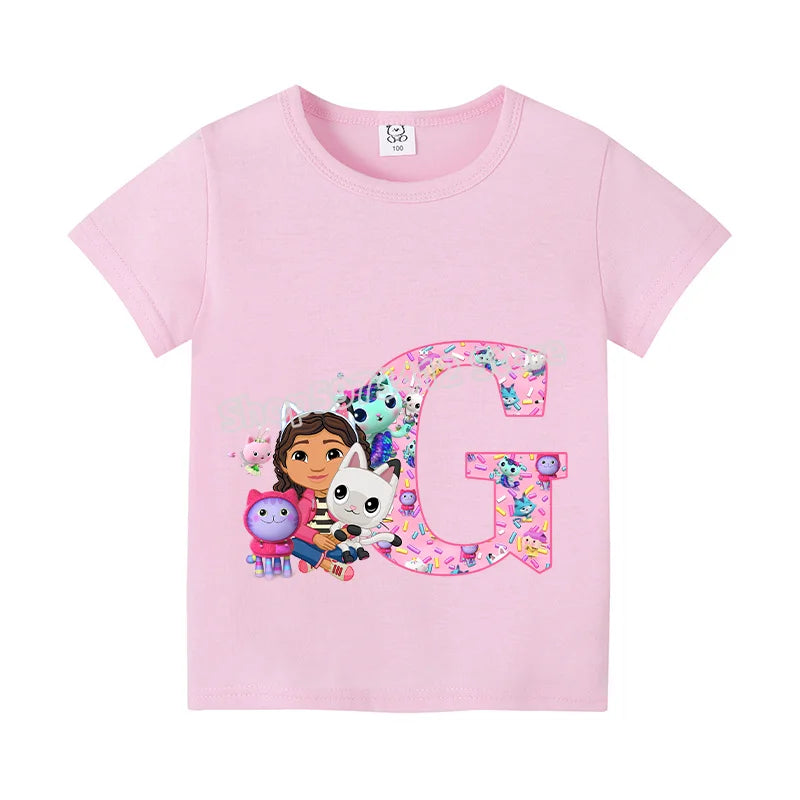 New Gabby Dollhouse T-shirt for Child A-Z Letters Tee Fashion Tops Cute Cartoon Girl Clothes Anime Kids Summer Short Sleeve Gift