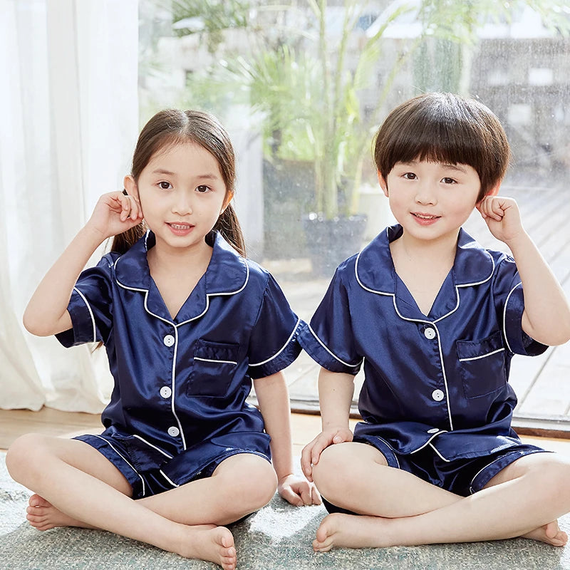Summer Short Sleeve Kids Pajamas Sets Satin Silk Button Down Loungewear Girls Sleepwear Boys Clothing Sets Children Pyjamas Pjs