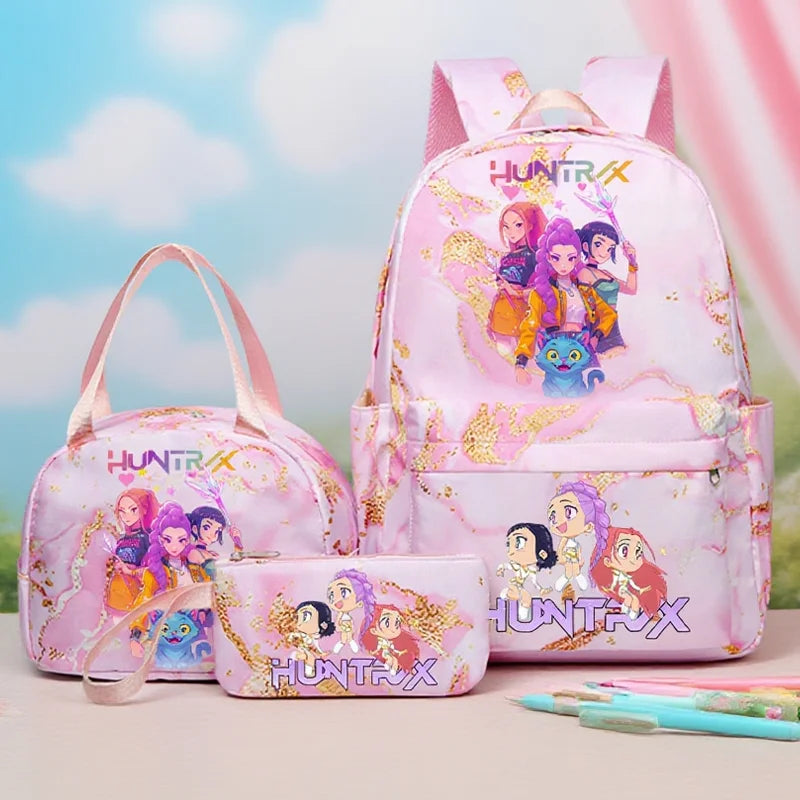 3pcs Movie Kpop Demon Hunters Backpack Lunch Bag Pencil Case Set Student Anime Fashion Schoolbag Pen Case Bento Pouch Suit Gifts