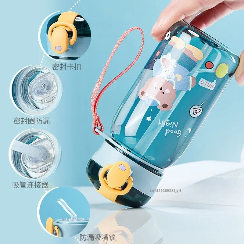 3Sizes Kids Cartoon Water Bottles Leakproof Water Sippy Cup with Straw and Strap Portable Drinking Bottle for Children School