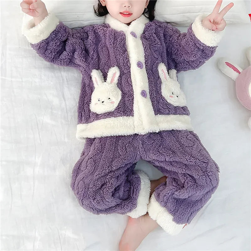 Autumn Winter Children Sleepwear Baby Pajamas Set Thick Flannel Fleece Child Sleepwear 2Pcs Sets Warm Home Suits Kids Clothes