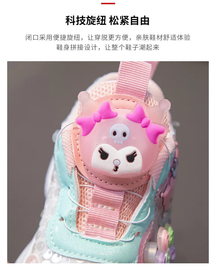 Kuromi LED Shoes Sanrio Kids Luminous Shoes Kawaii Kuromi Tennis Shoes Girls Casual Sneakers Lighted Rotating Button Shoes