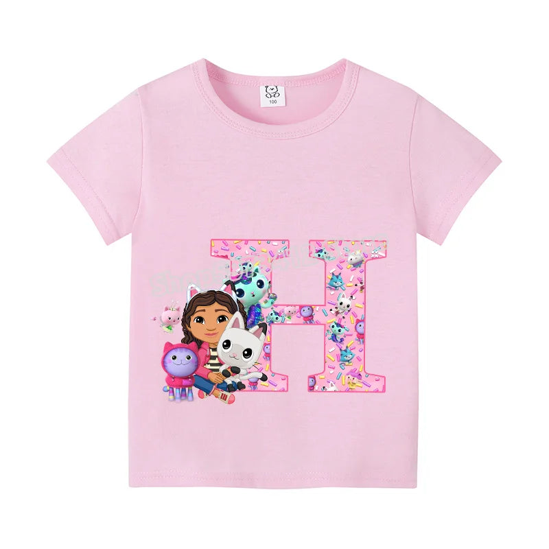 New Gabby Dollhouse T-shirt for Child A-Z Letters Tee Fashion Tops Cute Cartoon Girl Clothes Anime Kids Summer Short Sleeve Gift