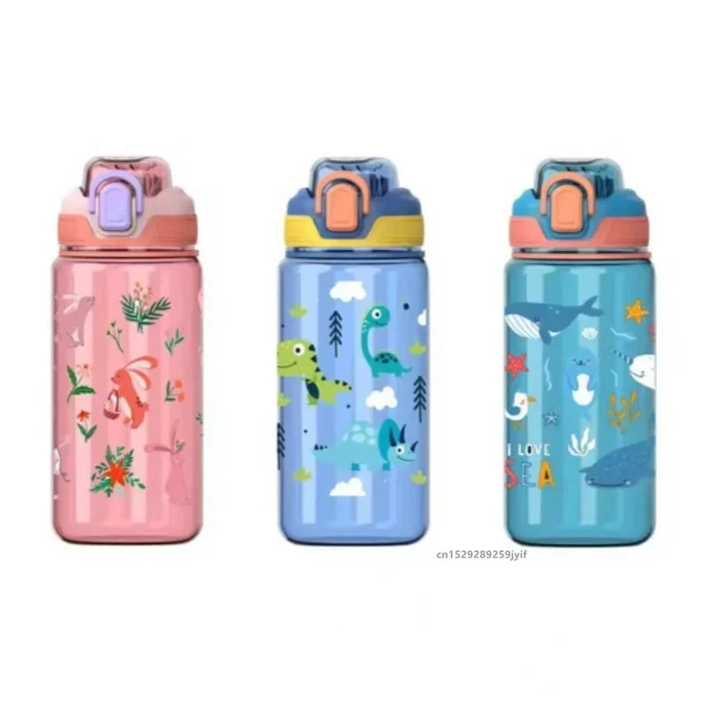 3Sizes Kids Cartoon Water Bottles Leakproof Water Sippy Cup with Straw and Strap Portable Drinking Bottle for Children School