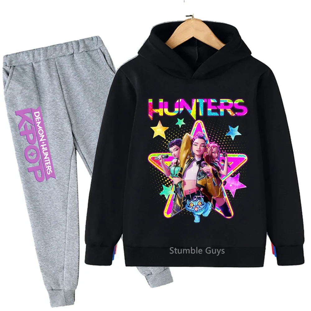 Kpop Demon Hunters Hoodie Set Kids Boys Girls Sportswear 3-12Y Autumn Anime Clothes