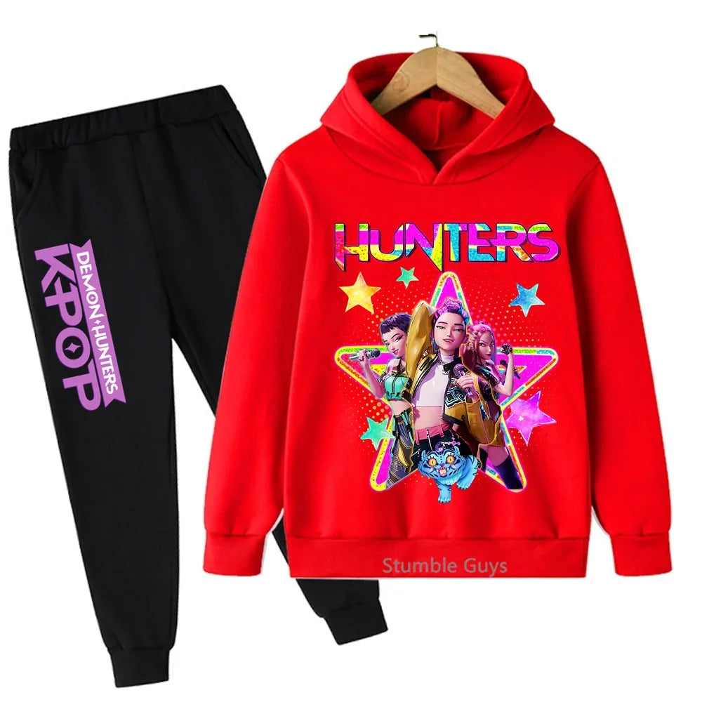 Kpop Demon Hunters Hoodie Set Kids Boys Girls Sportswear 3-12Y Autumn Anime Clothes