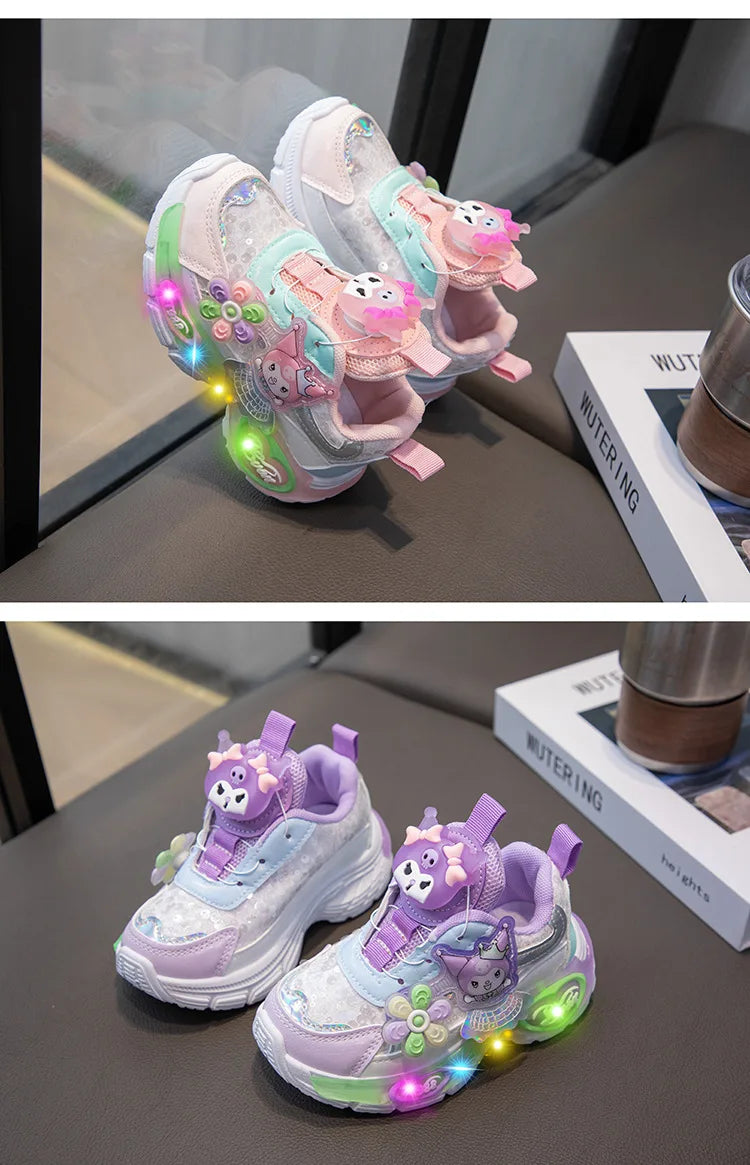 Kuromi LED Shoes Sanrio Kids Luminous Shoes Kawaii Kuromi Tennis Shoes Girls Casual Sneakers Lighted Rotating Button Shoes