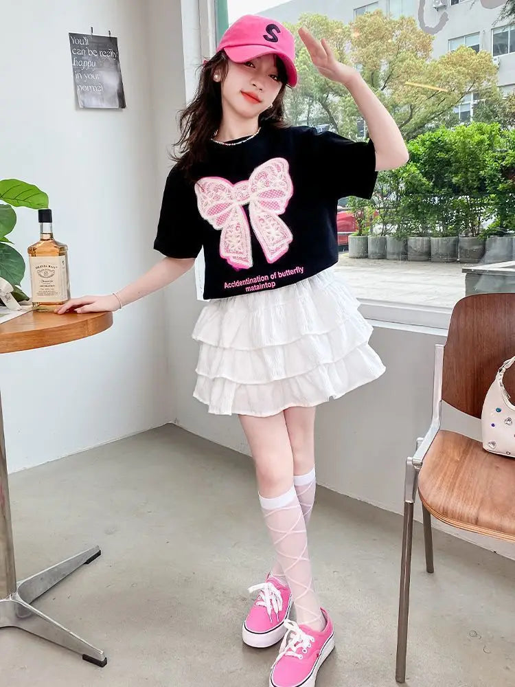 2025 teenager Summer Kids Girls clothes short Sleeve cotton crop top bow t-Shirt top and Tiered Pleated Skirt 5 6 7 8 9 12 year