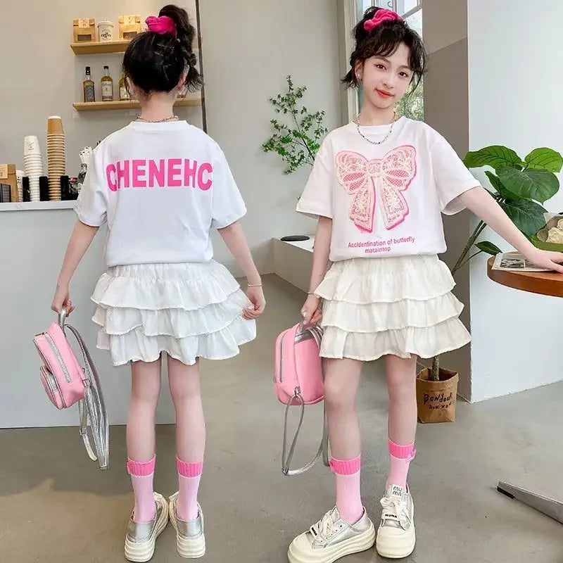 2025 teenager Summer Kids Girls clothes short Sleeve cotton crop top bow t-Shirt top and Tiered Pleated Skirt 5 6 7 8 9 12 year