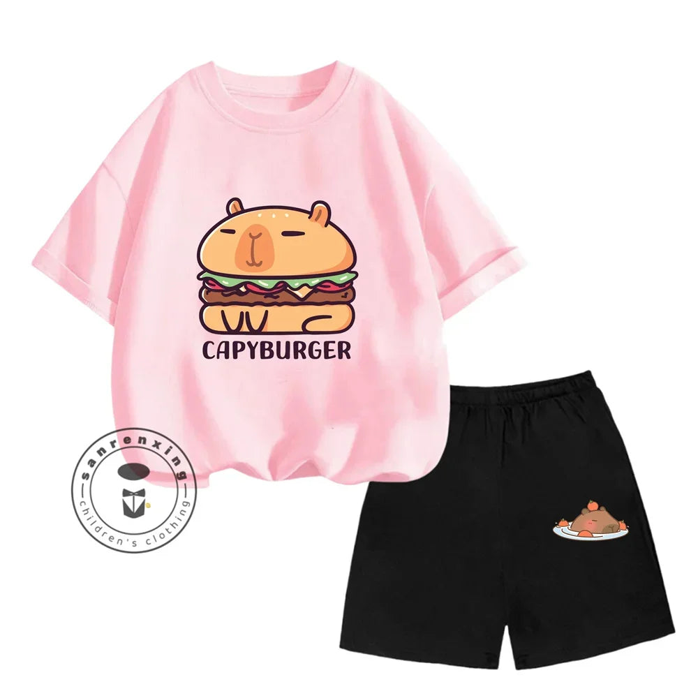 Sanrio Kids Summer T-shirt Cute Capybara Print Cotton Short Sleeve/Shorts Fashion Set for Boys and Girls