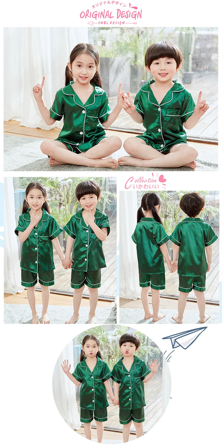 Summer Short Sleeve Kids Pajamas Sets Satin Silk Button Down Loungewear Girls Sleepwear Boys Clothing Sets Children Pyjamas Pjs