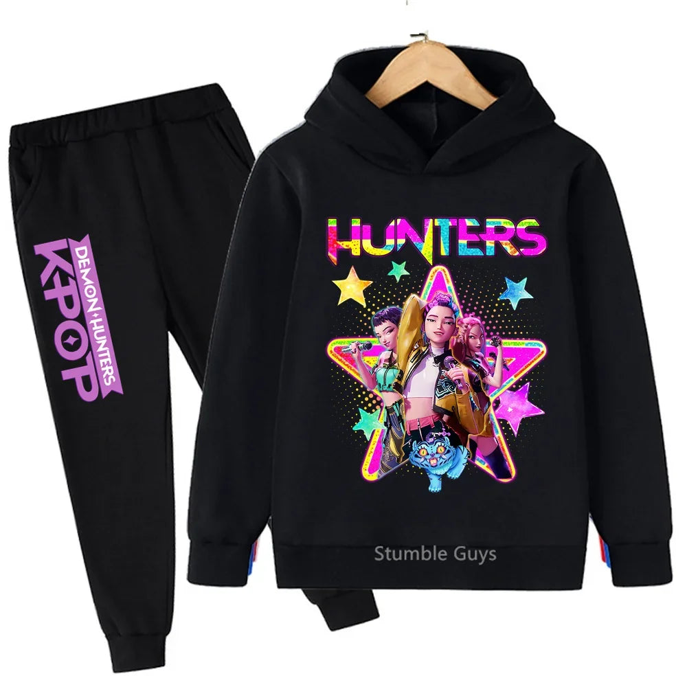 Kpop Demon Hunters Hoodie Set Kids Boys Girls Sportswear 3-12Y Autumn Anime Clothes