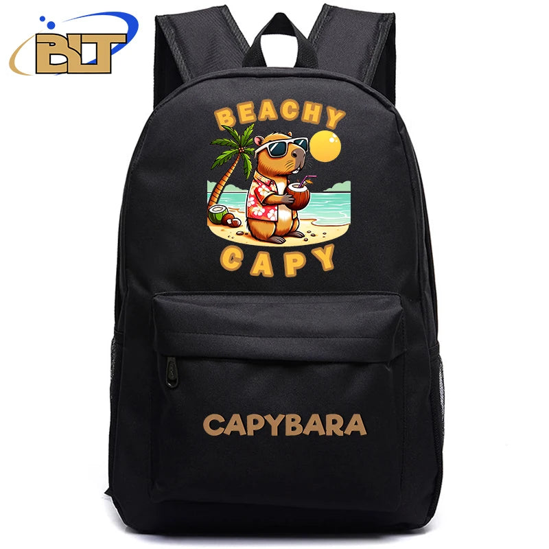 Cute Animal Capybara Print Black Backpack Teenager Student Schoolbag Boys Girls Gift