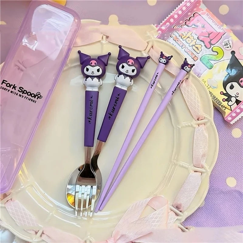 Sanrio Kuromi Hello Kitty Melody Kids Chopsticks Spoon Fork Set Cinnamoroll Stainless Steel Cutlery Set Students Gifts Tableware